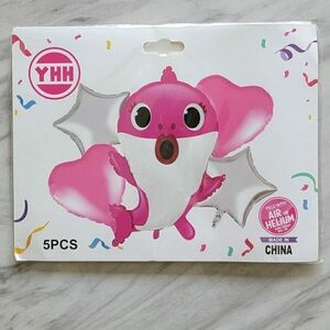 5 Pcs Baby Shark Pink Silver Heart Stars Balloons